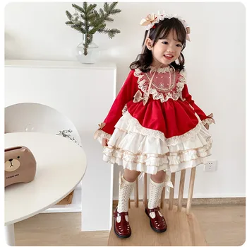 Dječji Djeca Vintage Španjolski odjeća za djevojčice Jesen Zima Crveni Baršunasti Bal s помпоном Princeza Lolita Prerušiti College Božić Dan rođenja