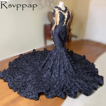 Crna Sirena Afrička djevojka Duge haljine za maturalne 2022 Pravi fotografije Aplicirano Prozirni Top s dugim rukavima 3D Cvijeće Večernjih haljina za prom