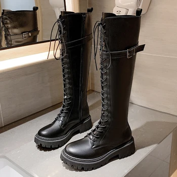Nove vruće ženske borbe cipele Crne kožne cipele na čipka-up Ženske visoke čizme do koljena, ženske gotički cipele na visoku petu Antumn