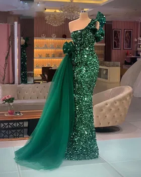 Zelena večernja haljina sa šljokicama Večernje haljine Sirena Seksi Na Jedno rame 2021 Na Red Plus Size Arapski Haljina za prom Haljina