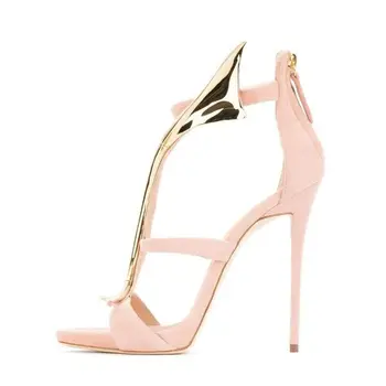 Sandale sa zlatnim metalnim змеиным dizajn sa otvorenim vrhom na ukosnica na visoku petu s patent-zatvarač straga od antilopa s urezima Trendy ženske cipele